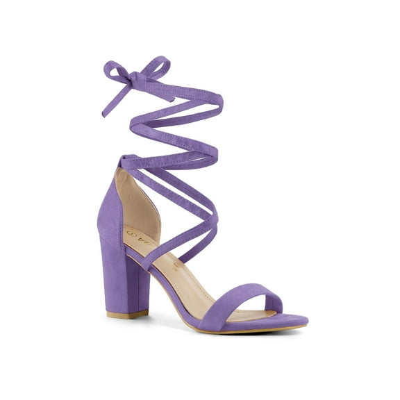 BLISSFUL STEP Women's Shoes Lace Up Chunky Heels Open Toe Faux Suede Sandals Purple 8