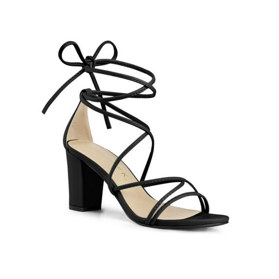BLISSFUL STEP Women's Shoes Open Toe Lace Up Block Heel Strappy Heels Black 11