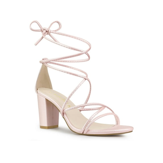 BLISSFUL STEP Women's Shoes Open Toe Lace Up Block Heel Strappy Heels Bling Pink 6