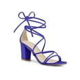 thumbnail image 1 of BLISSFUL STEP Women's Shoes Open Toe Lace Up Block Heel Strappy Heels Dark Blue 6, 1 of 7