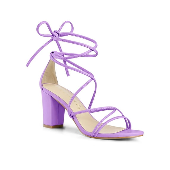 BLISSFUL STEP Women's Shoes Open Toe Lace Up Block Heel Strappy Heels Lavender 7
