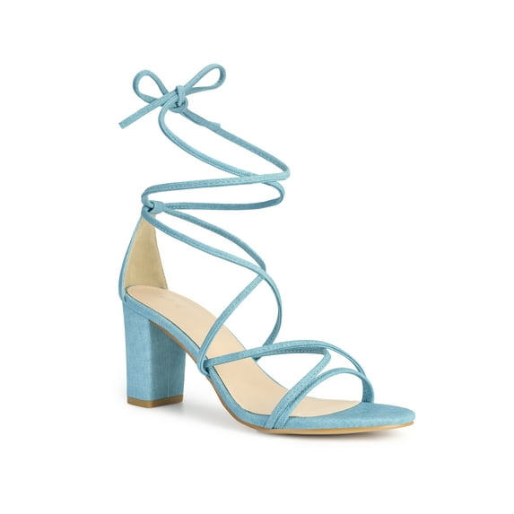 BLISSFUL STEP Women's Shoes Open Toe Lace Up Block Heel Strappy Heels Light Blue 6