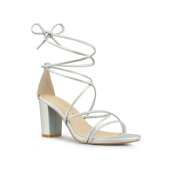BLISSFUL STEP Women's Shoes Open Toe Lace Up Block Heel Strappy Heels Silver 10.5