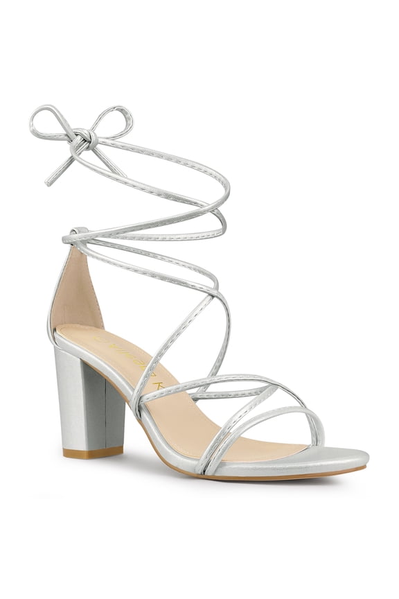Valentine's Women's Shoes Open Toe Lace Up Block Heel Strappy Heels Silver 10.5