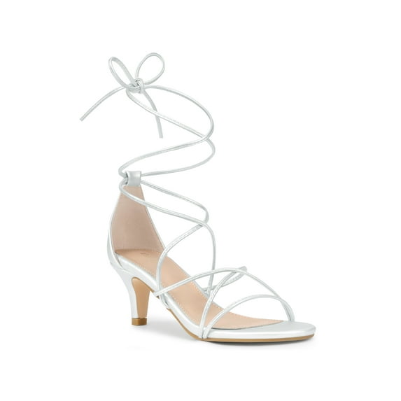 BLISSFUL STEP Women's Back to School Straps Kitten Heel Lace Up Sandals Silver 9