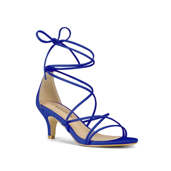 BLISSFUL STEP Women's Back to School Straps Kitten Heel Lace Up Sandals Dark Blue 8.5