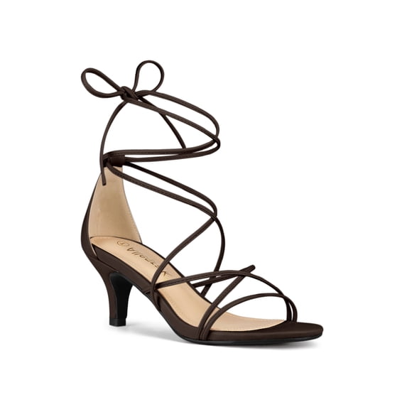 BLISSFUL STEP Women's Back to School Straps Kitten Heel Lace Up Sandals Coffee 7.5