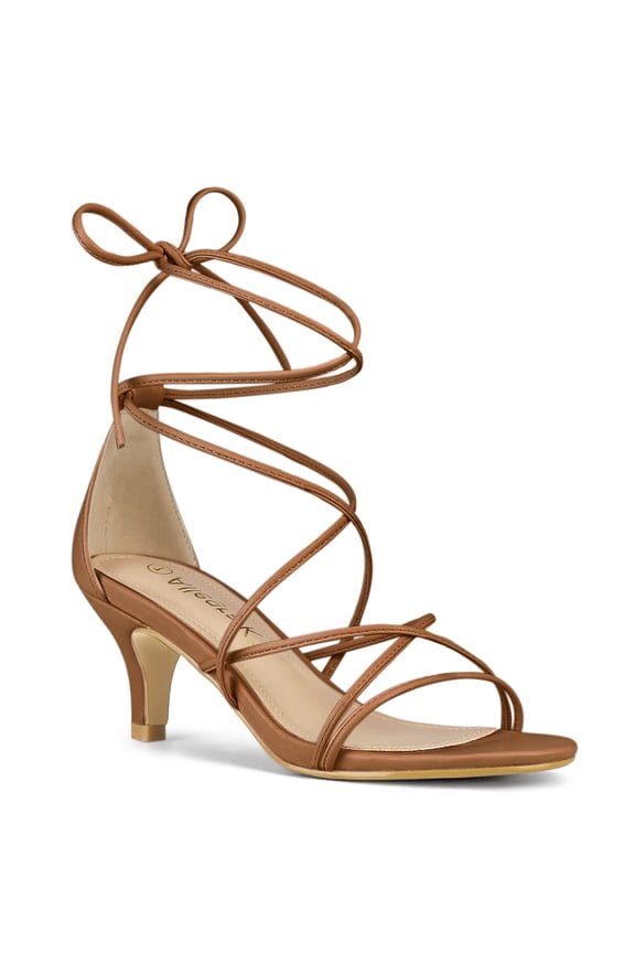 Women's Back to School Straps Kitten Heel Lace Up Sandals Dark Brown 9