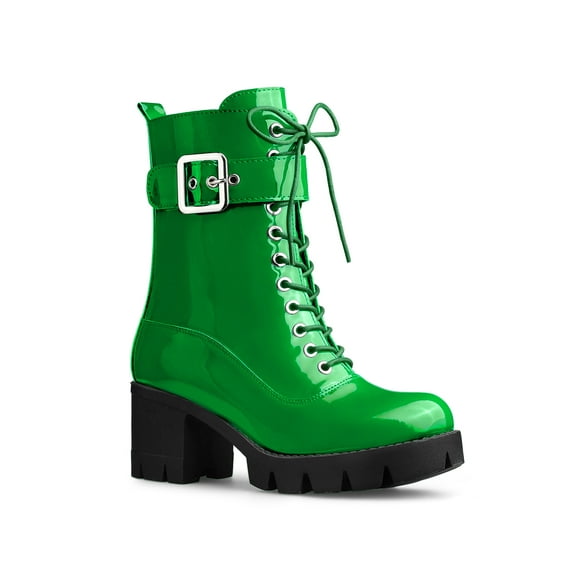 BLISSFUL STEP Women's Chunky Heel Zip Platform Block Combat Boots Green 10
