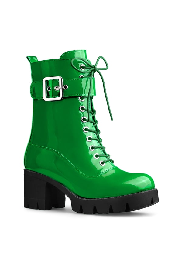 Valentine's Women's Chunky Heel Zip Platform Block Combat Boots Green 10