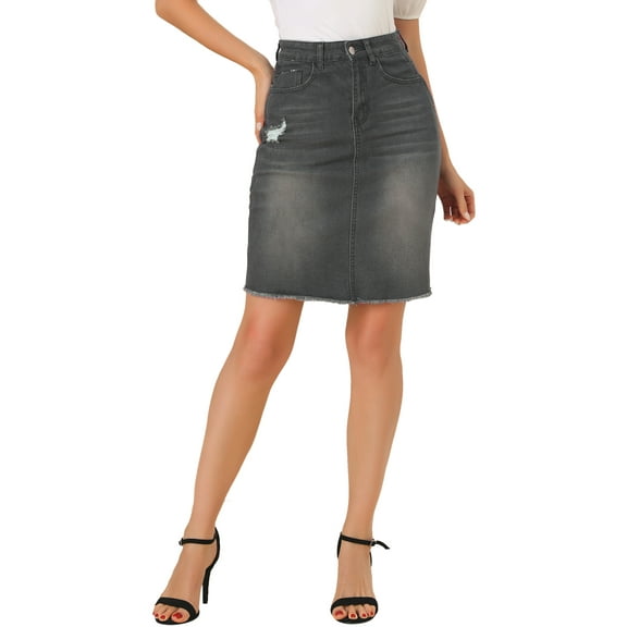 INSPIRE CHIC Women's Denim Skirts Distressed High Waist Ripped Hem Washed Jean Skirts with Pockets M Black