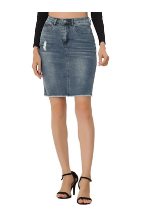 Women's Denim Skirts High Waist Ripped Hem Distressed Short Jean Skirts Blue Grey M
