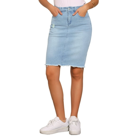 INSPIRE CHIC Women's Denim Skirts Distressed High Waist Ripped Hem Washed Jean Skirts with Pockets M Light Blue