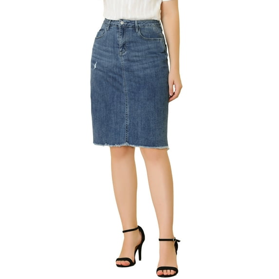 INSPIRE CHIC Mother's Day Women's Denim Skirts Distressed High Waist Ripped Hem Washed Jean Skirts with Pockets XS Dark Blue