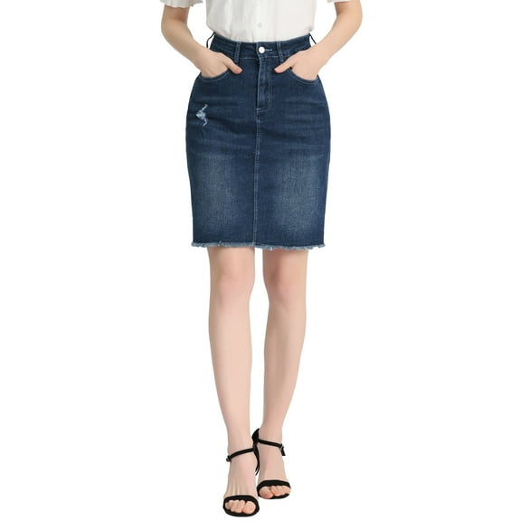 INSPIRE CHIC Women's Denim Skirts Distressed High Waist Ripped Hem Washed Jean Skirts with Pockets XS Deep Blue