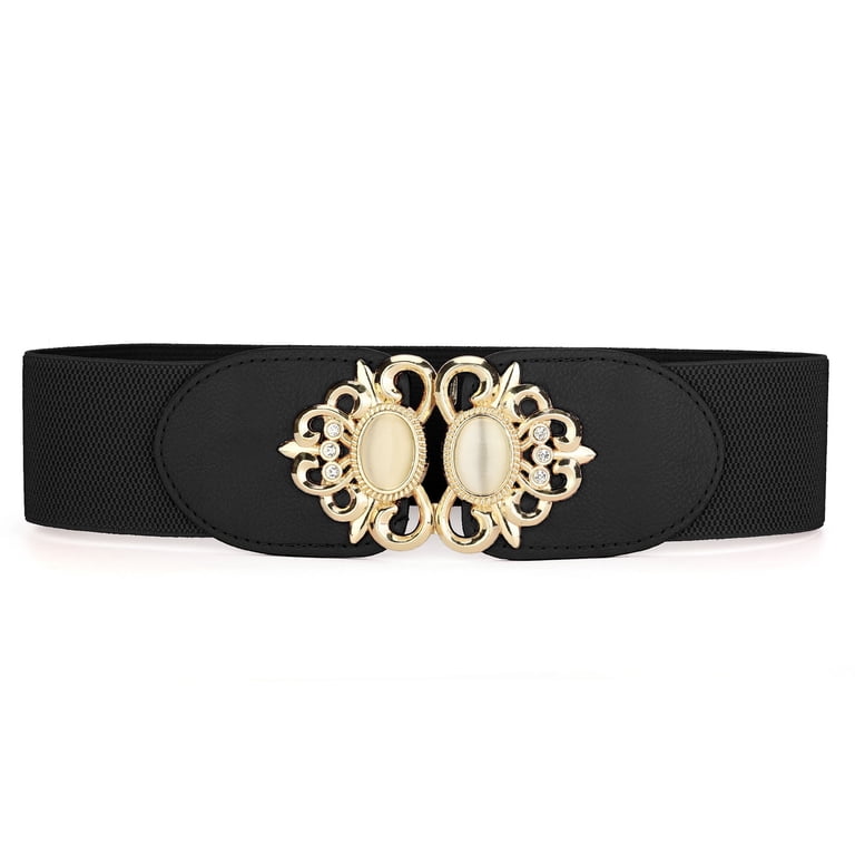Women's Textured Beaded Metal Decor Elastic Waist Belt Black