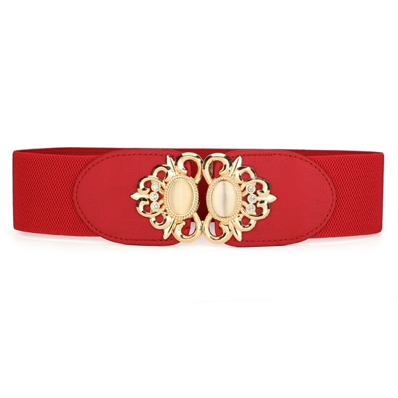 INSPIRE CHIC Lady 2.36" Width Elastic Belts, Faux Leather Opal Beaded Rhinestone Inlaid Stretchy Cinch Waistband for Dress 66 cm/26" Red