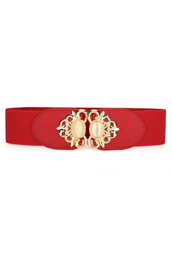 Lady 2.36" Width Elastic Belts, Faux Leather Opal Beaded Rhinestone Inlaid Stretchy Cinch Waistband for Dress 66 cm/26" Red