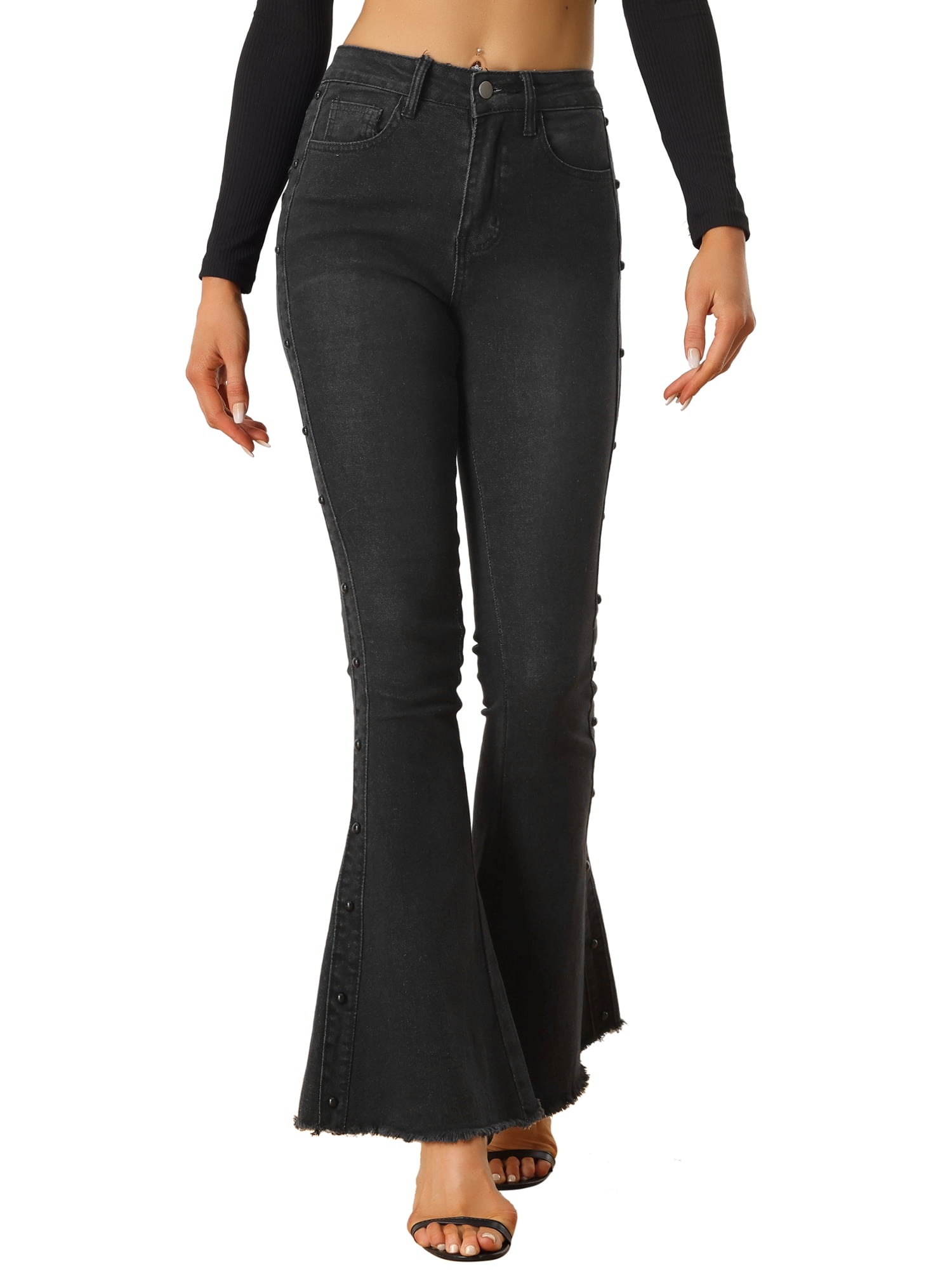 Allegra K Women's High Rise Flared Bell Bottom Jeans - Stretchy Retro Denim Pants, Button Front