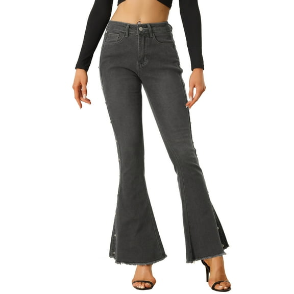 INSPIRE CHIC Women's Bell Bottom Jeans Beaded Raw Hem Casual Denim Pants S Grey