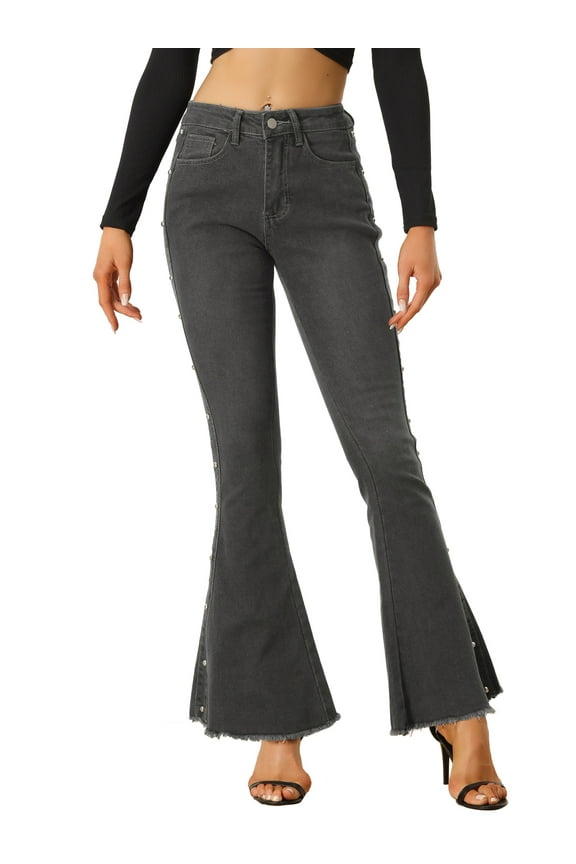 Women's Bell Bottom Jeans Beaded Raw Hem Casual Denim Pants S Grey