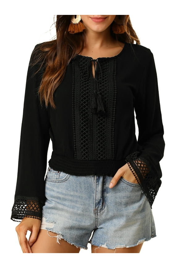 Women's Tops Bell Sleeves Boho Lace Eyelet Smocked Waist Peasant Blouse L Black