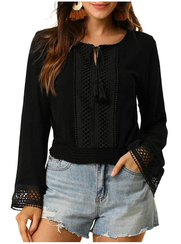 Women's Tops Bell Sleeves Boho Lace Eyelet Smocked Waist Peasant Blouse XL Black