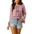 thumbnail image 1 of INSPIRE CHIC Women's Tops Bell Sleeves Boho Lace Eyelet Smocked Waist Peasant Blouse Dusty Pink XL, 1 of 7