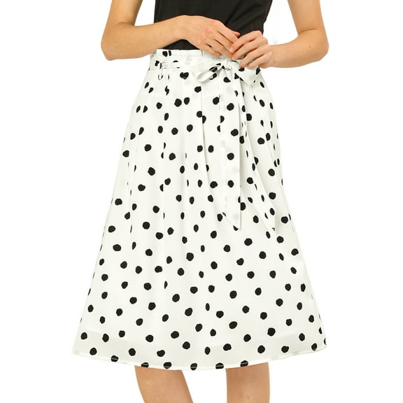 INSPIRE CHIC Women's Belted Elastic Waist Vintage A-Line Midi Skirt XS White-Polka Dot