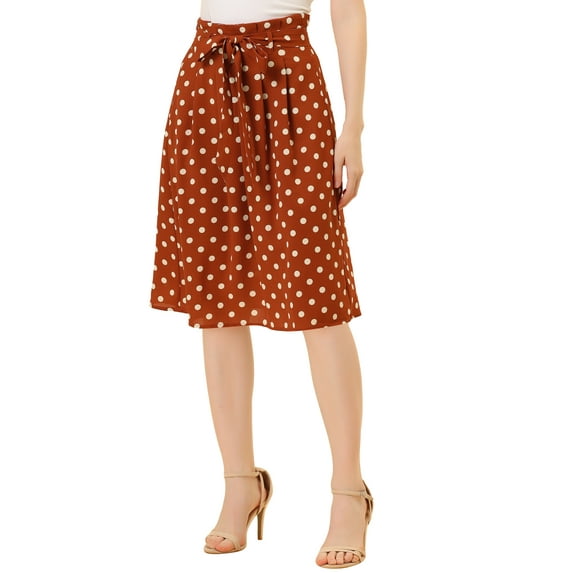 INSPIRE CHIC Women's Belted Elastic Waist Vintage A-Line Midi Skirt S Orange-Polka Dot