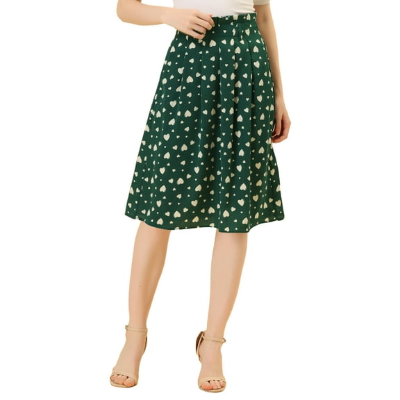 INSPIRE CHIC Women's Belted Elastic Waist Vintage A-Line Midi Skirt XS Green-Hearts
