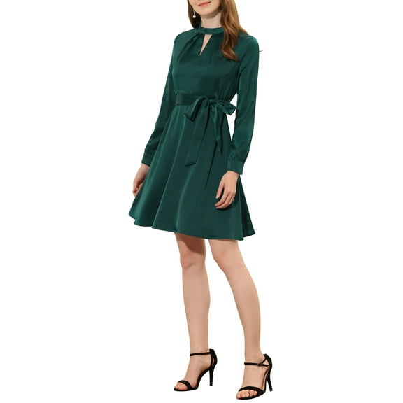 INSPIRE CHIC Women's Belted Satin Keyhole Tie Waist A-Line Dress XL Dark Green
