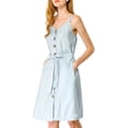 thumbnail image 1 of Allegra K Women's Belted Spaghetti Strap Button Front Chambray Dress, 1 of 7