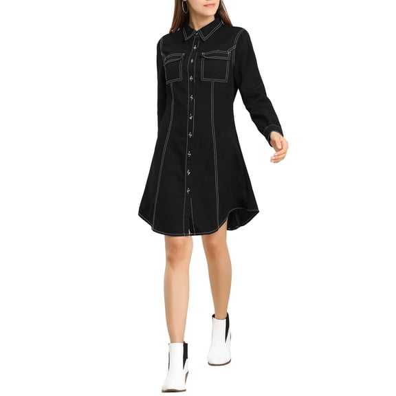 INSPIRE CHIC Women's Bishop Sleeve Chest Pocket Casual Denim Shirt Dress S Black