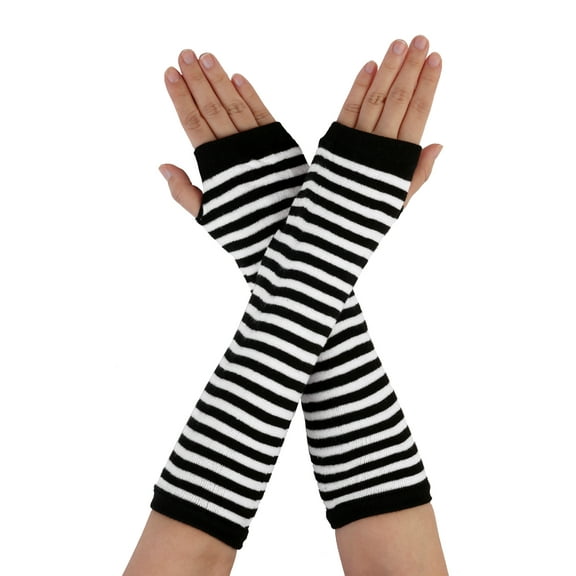INSPIRE CHIC Women's Striped Print Knitted Elastic Arm Warmers Gloves Black White 34 x 9cm/13.4 x 3.5inches