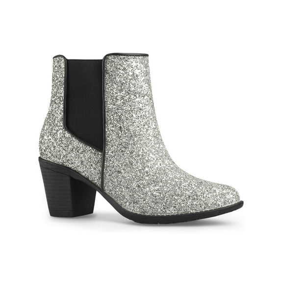 BLISSFUL STEP Women's Round Toe Block Heel Ankle Booties Silver 9