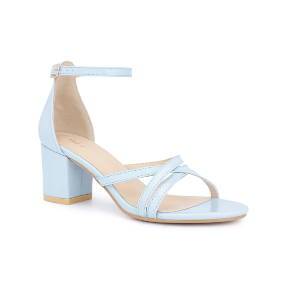 BLISSFUL STEP Women's Block Heel Ankle Strap Round Toe Heels Sandals Light Blue (Size 8.5)