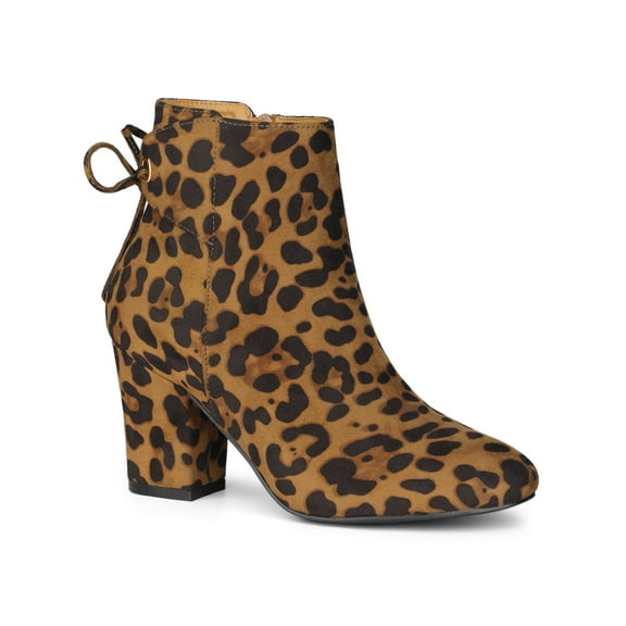 BLISSFUL STEP Women's Ankle Boots Block Heel Zipper Lace Up Boots Leopard 9