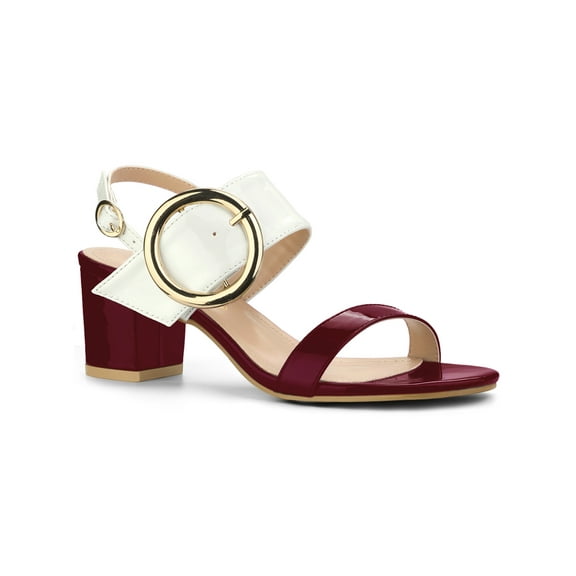 BLISSFUL STEP Slingback Sandals Contrast Color Chunky Heel Big Circle Buckle Sandals Burgundy White 7