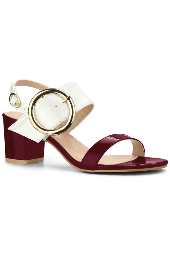 Slingback Contrast Color Chunky Heel Big Circle Buckle Heeled Sandals Burgundy White 7