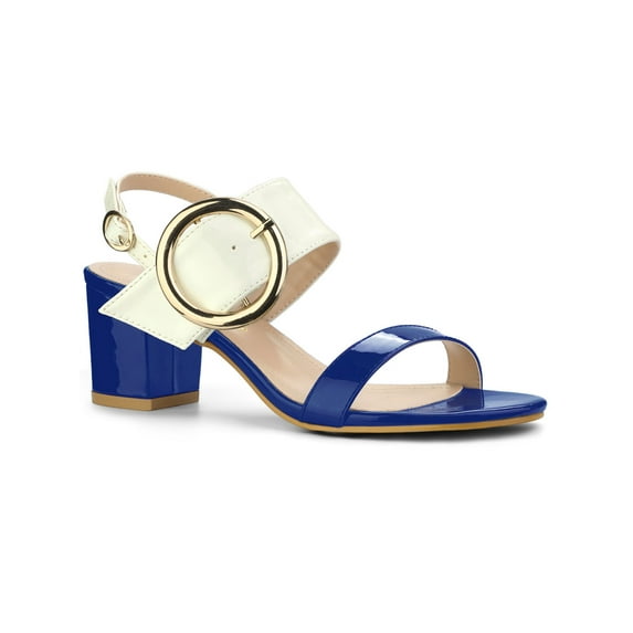 BLISSFUL STEP Edition Slingback Sandals Contrast Color Chunky Heel Big Circle Buckle Sandals Blue White 6