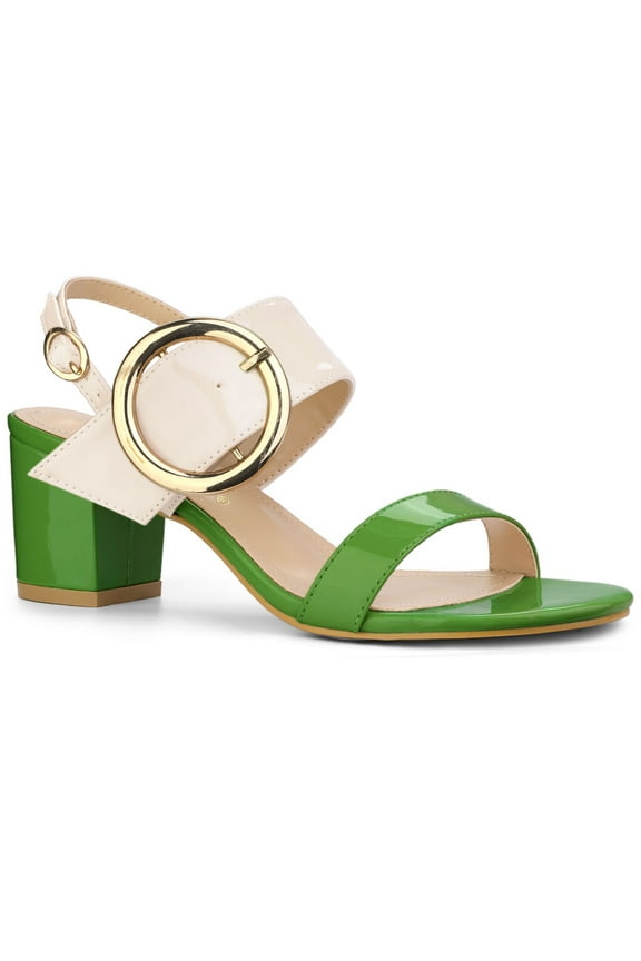 Valentine's Slingback Sandals Contrast Color Chunky Heel Big Circle Buckle Sandals Green Beige 8
