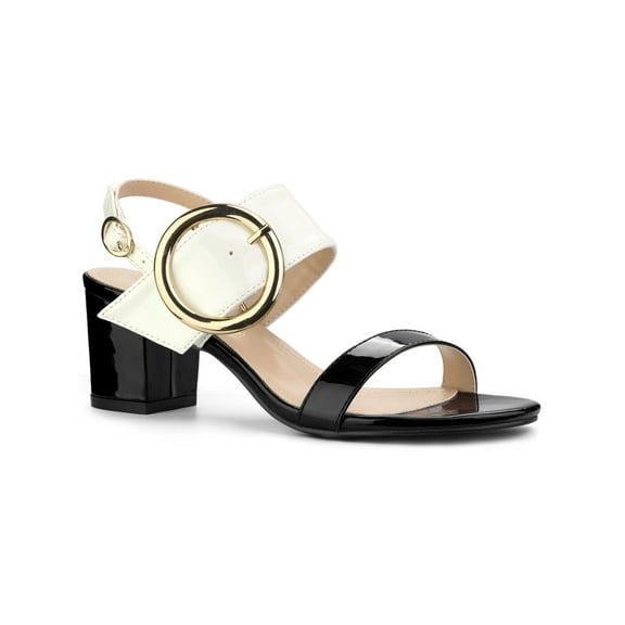 BLISSFUL STEP Slingback Sandals Contrast Color Chunky Heel Big Circle Buckle Sandals Black White 7