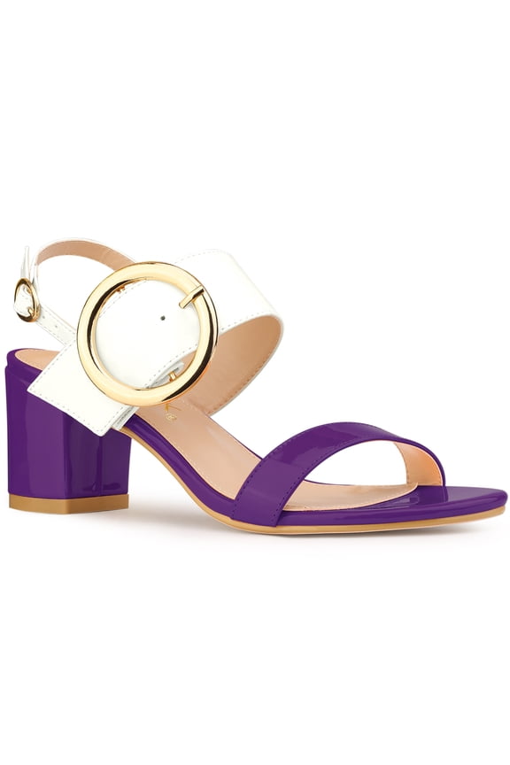 Valentine's Slingback Sandals Contrast Color Chunky Heel Big Circle Buckle Sandals Purple White 6