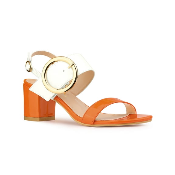 BLISSFUL STEP Valentine's Slingback Sandals Contrast Color Chunky Heel Big Circle Buckle Sandals Orange White 5
