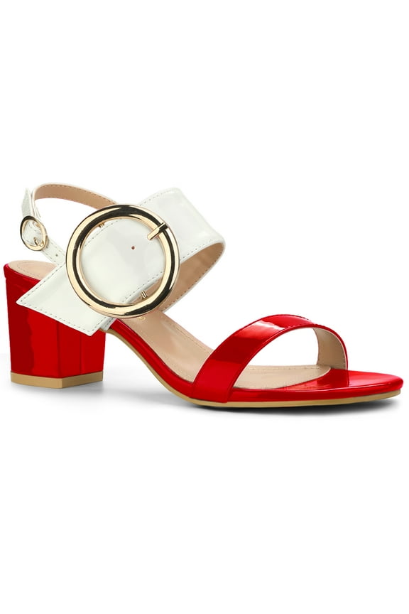 Valentine's Slingback Sandals Contrast Color Chunky Heel Big Circle Buckle Sandals Red White 5.5