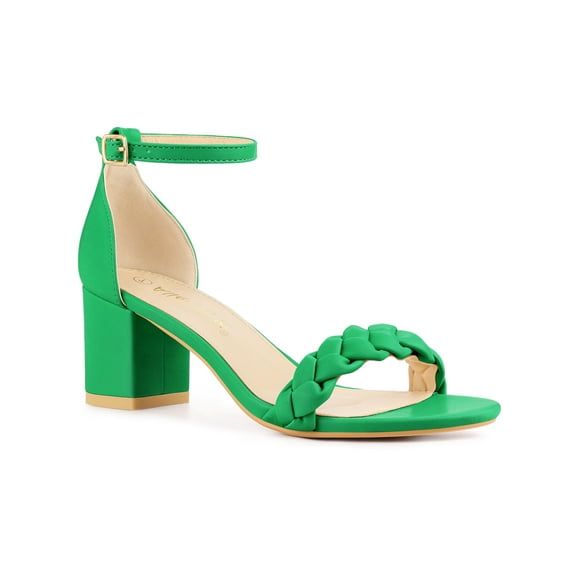 BLISSFUL STEP Women's Block Heels Ankle Strap Braided Heel Sandals Green (Size 10)