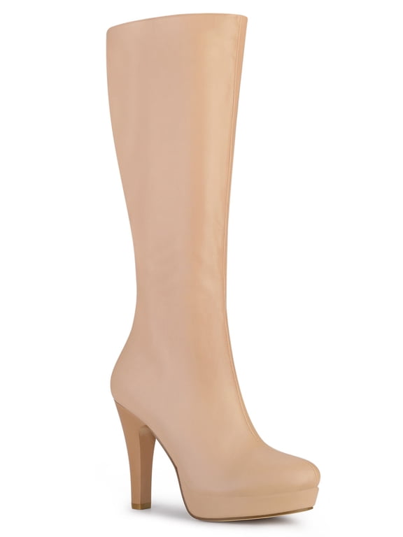 Women's Knee High Boots Platform Block Heels Round Toe Zip Boots Nude 6