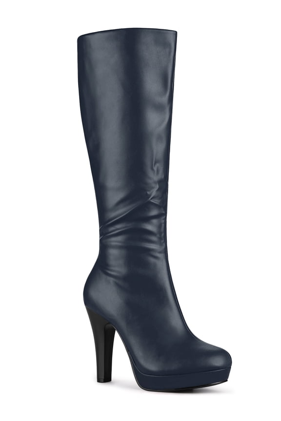 Women's Knee High Boots Platform Block Heels Round Toe Zip Boots Navy Blue 10