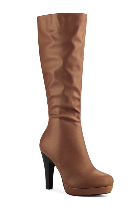 Women's Knee High Boots Platform Block Heels Round Toe Zip Boots Brown 8